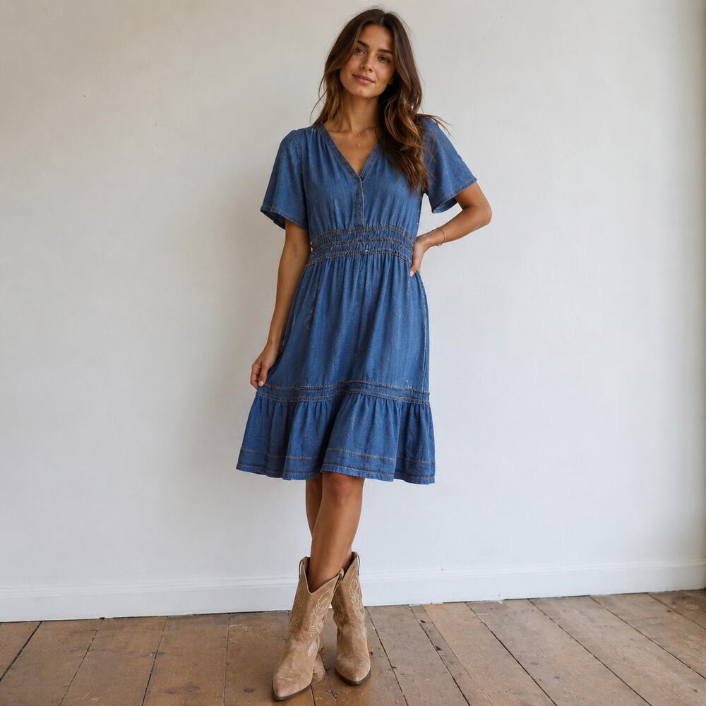 Anthropologie Blue Cotton Tiered Dress Small V Neck Smocked Boho Cottagecore